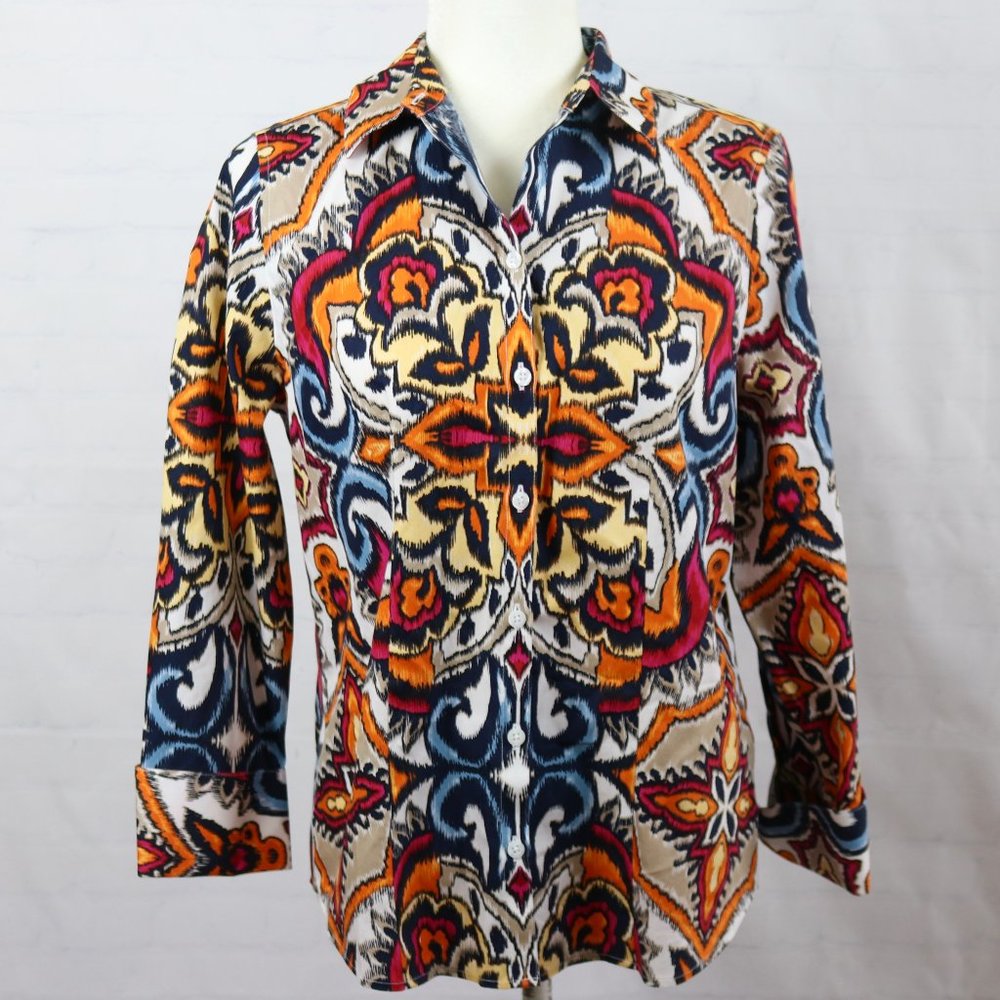 Chicos Ikat Mosaic Print Button Down Blouse 0 S